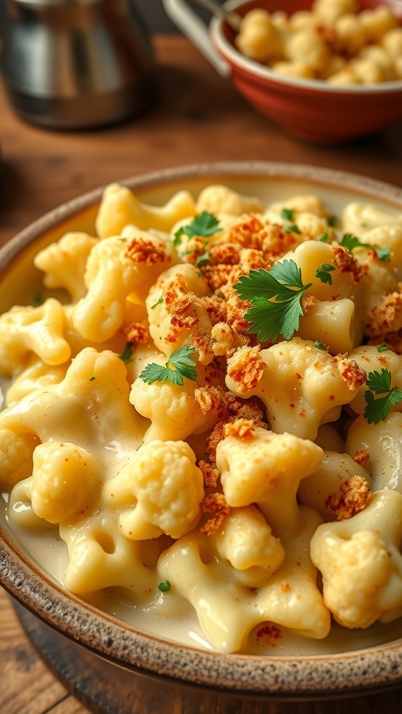A bowl of creamy cauliflower mac and cheese topped with breadcrumbs and parsley, set on a wooden table.